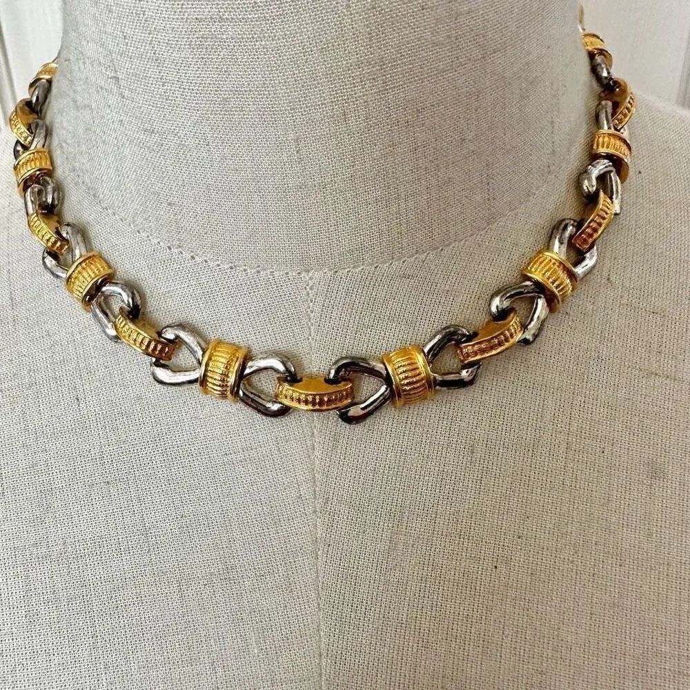silver and gold tone bow necklace